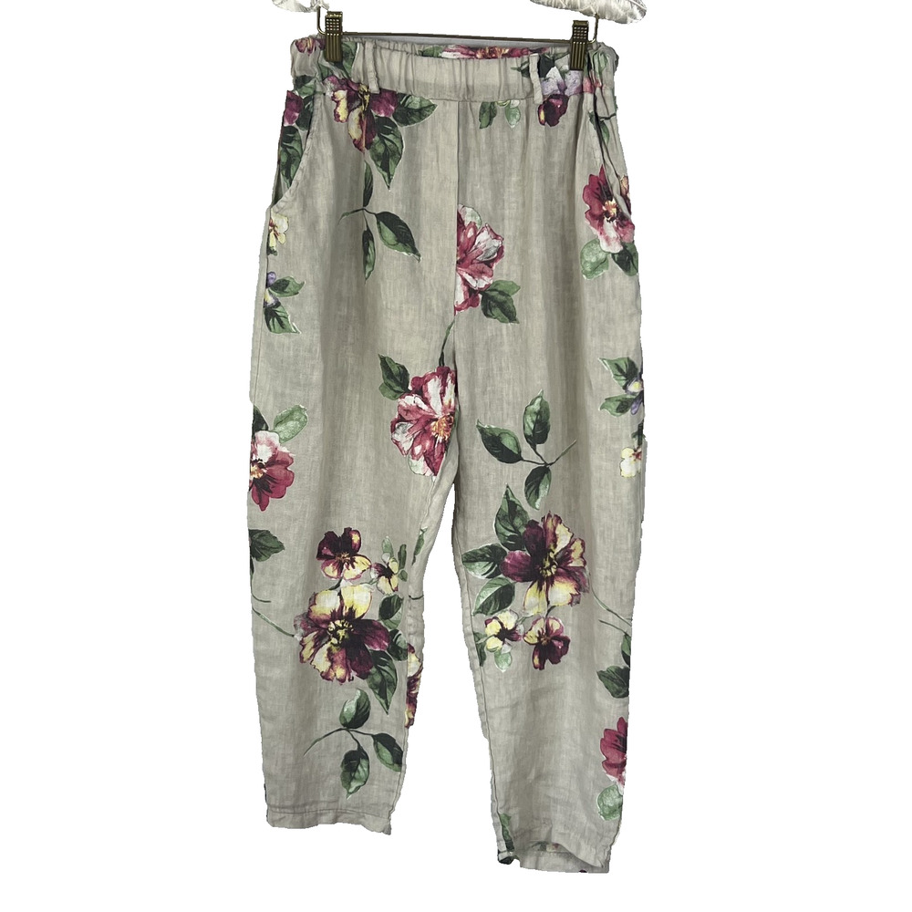 Scandal Pants Women's 27 X 22.5 Linen Italy Gray Floral Cropped Elastic Waist